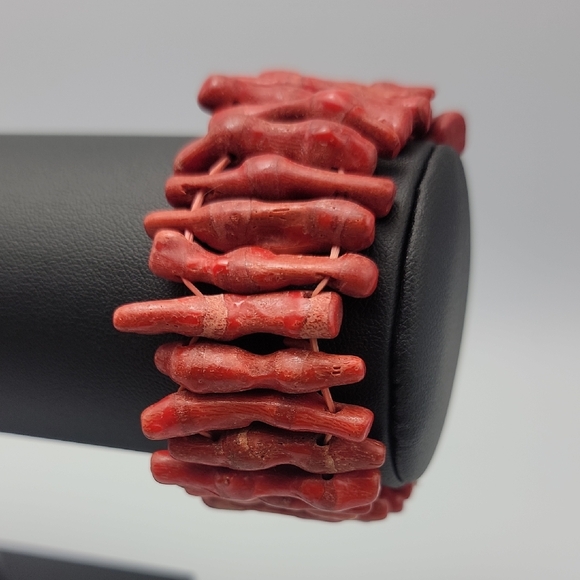 Hand Crafted Jewelry - VTG Natural Red Branch Coral Beaded 30mm Stretch Bracelet 1